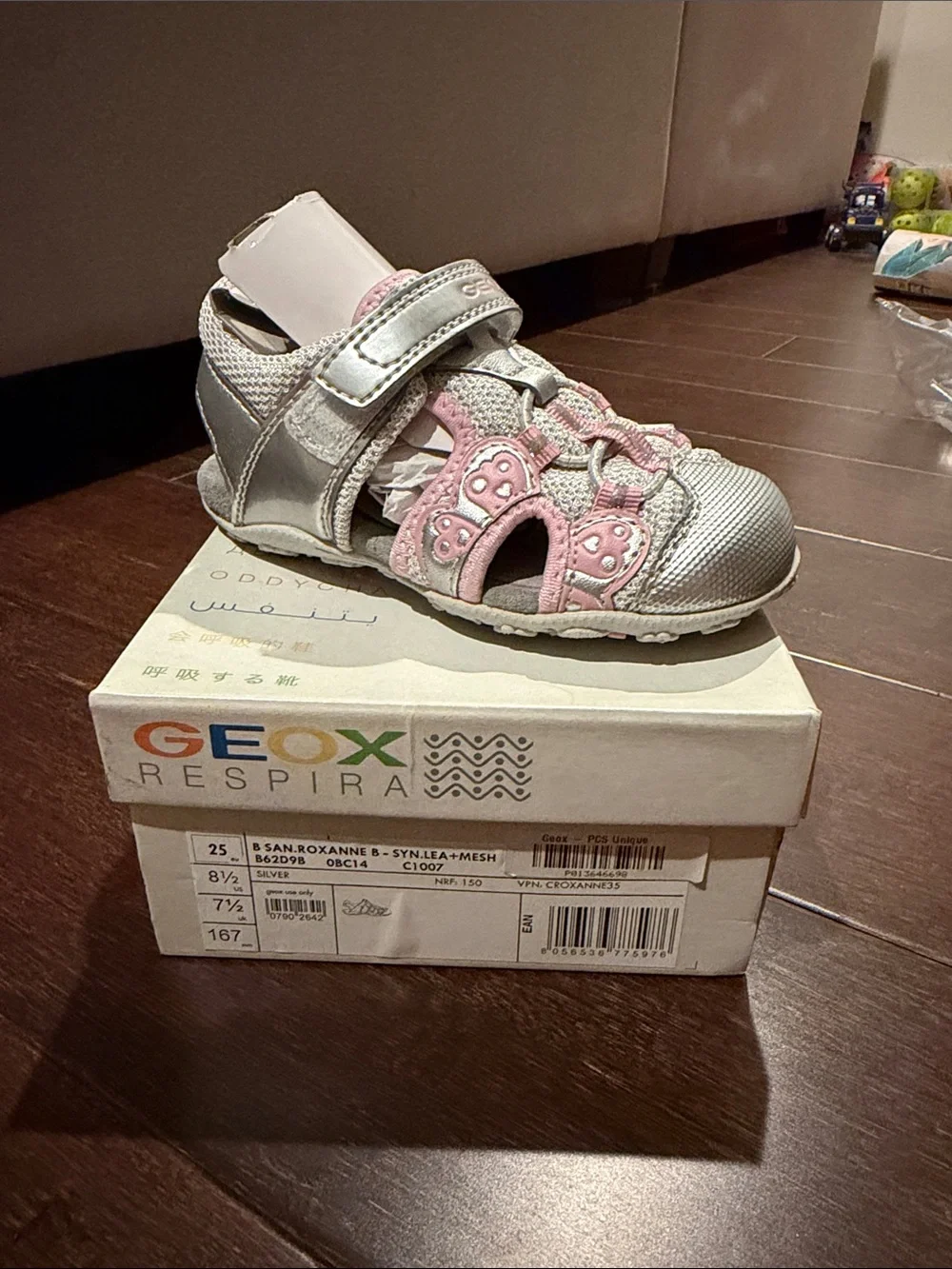 Geox Girls Silver and Pink Closed-Toe Sandal with Hook-and-Loop Strap